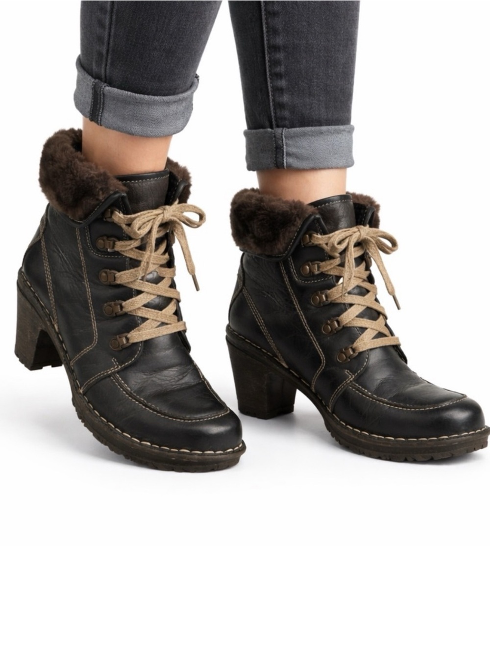 Size 7 Josef Seibel Women’s Kingfisher Black Leather Lace Up Fur Boots Heeled
